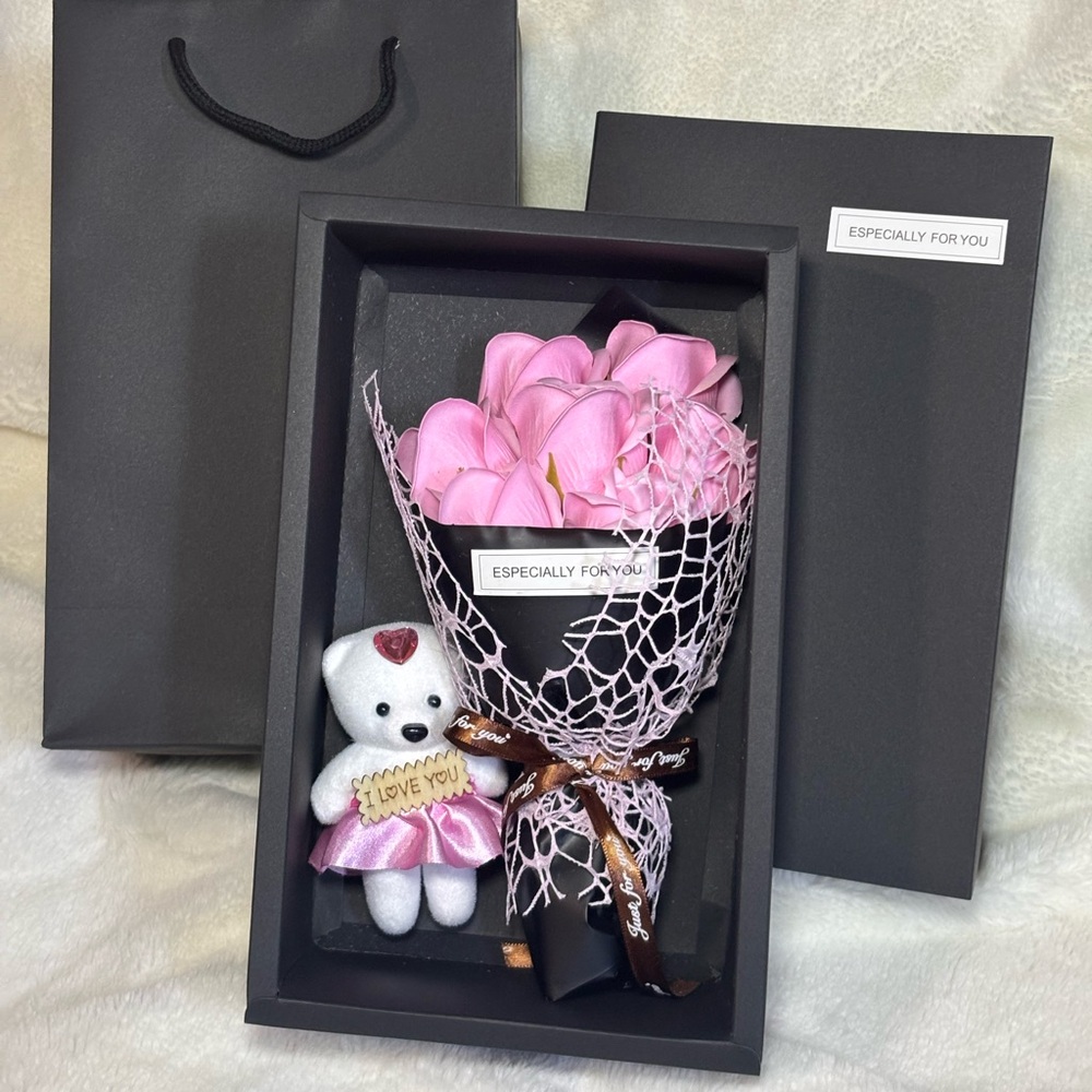 Pink Floral Gift Bouquet with Teddy Bear